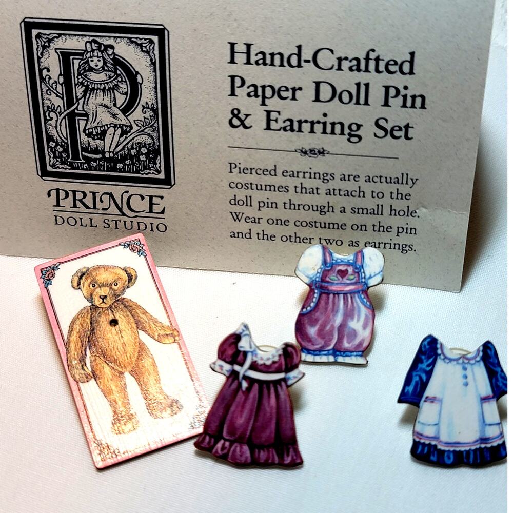 Hand Crafted Paper Doll Pin Earring Set 1996 Prince Doll Studio Wearable Bears